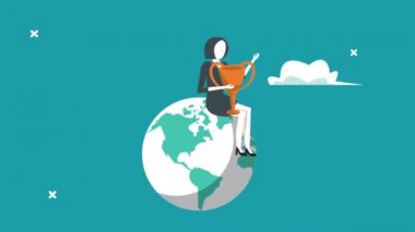 Dünya gezegeninde oturmuş kupa taşıyan zarif bir iş kadını.