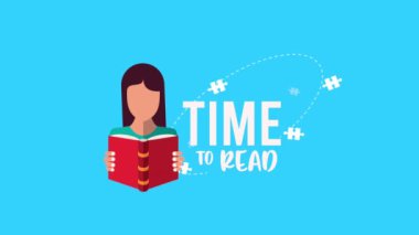 Kitap okuyan kadınla harf okuma zamanı. Animasyon öğrenme.