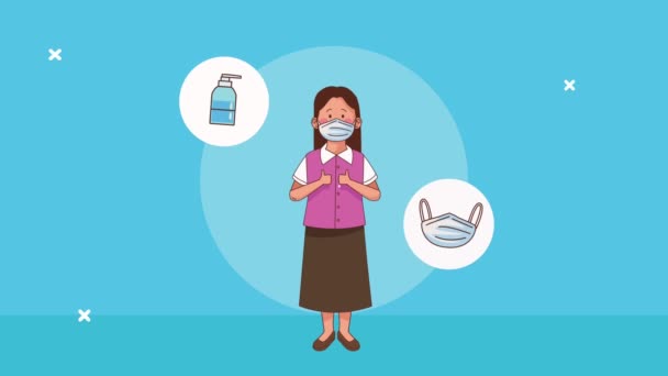 Professeur portant un masque médical avec des icônes de prévention covid19 — Video