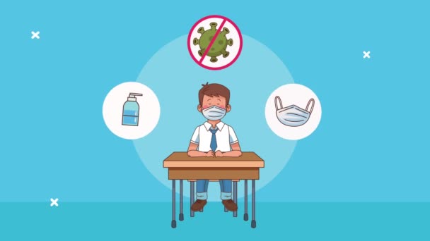 Kleiner Studentenjunge mit medizinischer Maske beim Händewaschen mit Prävention covid19 set icons — Stockvideo