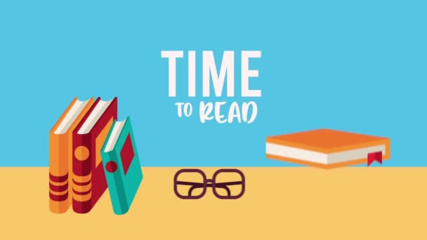 Tiempo para leer letras con libros y gafas aprendizaje animación — Vídeo de stock