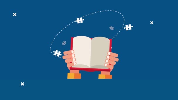 Manos levantamiento de libros de texto suministro aprendizaje animación — Vídeo de stock