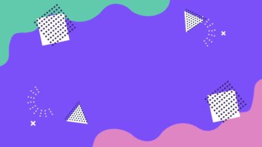 Mor arkaplanda geometrik şekiller ve renkli memphis biçimi