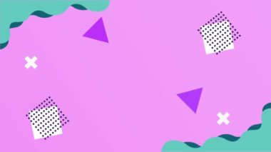 Mor ışık arka planında geometrik şekiller ve renk Memphis biçimi