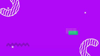 Mor arkaplanda geometrik şekiller ve renkli memphis biçimi