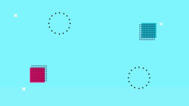 Açık mavi arkaplanda geometrik şekiller ve renkli memphis biçimi