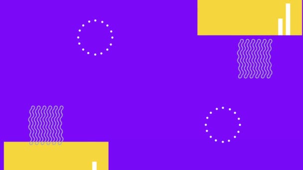 Figuras geométricas y estilo memphis de color en fondo púrpura y amarillo — Vídeos de Stock