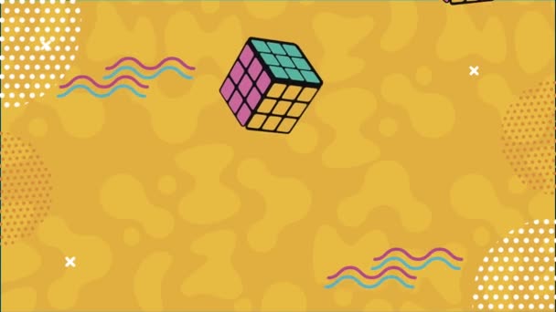 Rubik kubussen in memphis retro stijl achtergrond — Stockvideo
