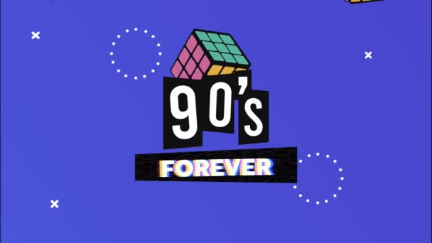 90s per sempre lettering con Rubik Cubes in stile retrò memphis sfondo — Video Stock