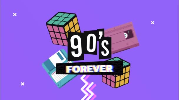 90s per sempre lettering con Rubik Cubes e floppy in stile retrò memphis sfondo — Video Stock