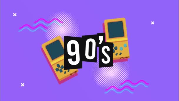 90 letras com jogos de vídeo em memphis estilo retro fundo — Vídeo de Stock