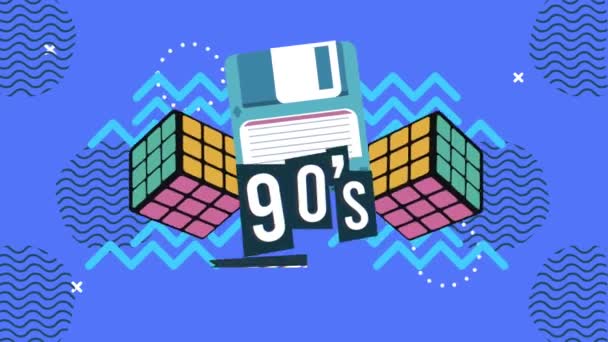 90s voor altijd belettering met floppy en Rubik Cubes in memphis retro stijl achtergrond — Stockvideo