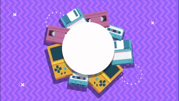 Cassette and floppy with video games in memphis retro style background — Stock Video
