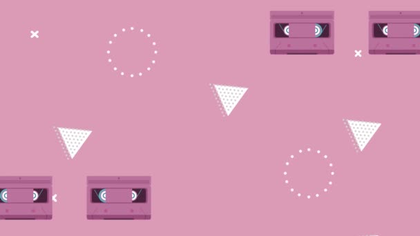 Marco de grabación de casetes en fondo estilo retro memphis — Vídeos de Stock