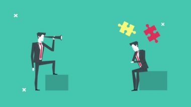 Teleskop ve bulmaca parçaları olan zarif iş adamları.