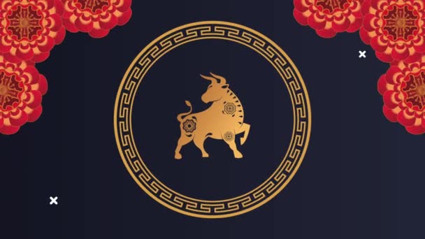 Šťastný čínský nový rok se zlatým býkem a květinami — Stock video