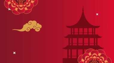 Mutlu Çin Yeni Yıl kartları Kale ve çiçeklerle