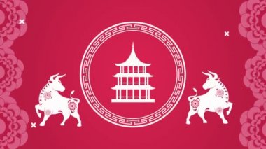 Mutlu Çin yılbaşı kartı Öküz ve kaleli