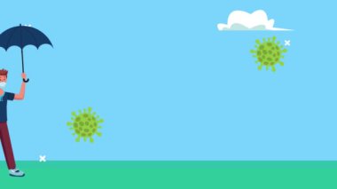 Manzara animasyonunda şemsiyeli tıbbi maske takan genç bir adam.