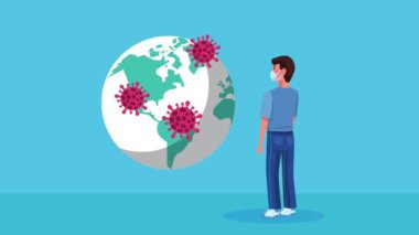 Dünya Gezegeni animasyonlu tıbbi maske takan genç adam.