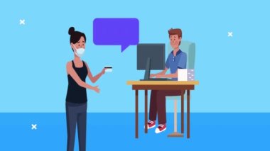 Ofis animasyonunda tıbbi maskeler takan iş çifti