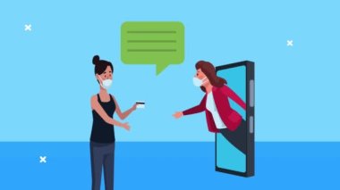 Akıllı telefon animasyonunda tıbbi maske takan genç iş kadınları