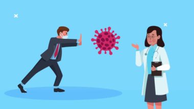 Doktor animasyonlu tıbbi maske takan iş adamı.