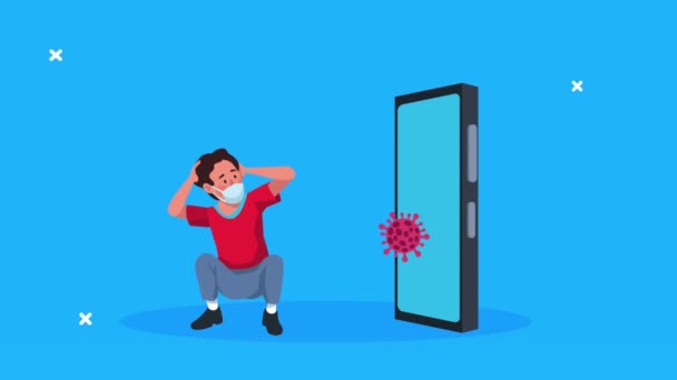 Hombre joven con máscara médica estresado con la animación de teléfonos inteligentes — Vídeos de Stock