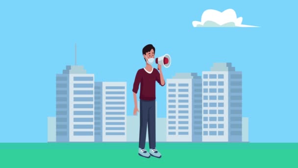 도시 애니메이션에서 메가폰으로 의료용 마스크를 쓰고 있는 젊은이 — 비디오