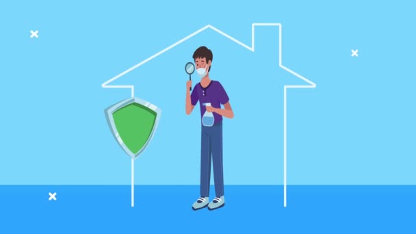 Young man wearing medical mask with magnifying glass in the house animation — Stock Video