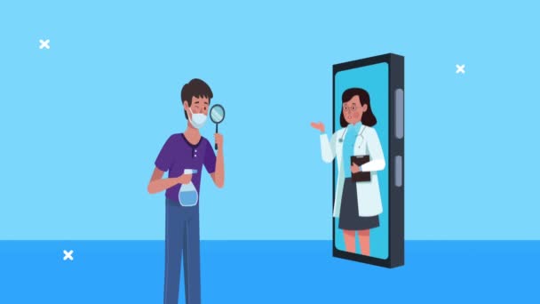 Junger Mann mit medizinischer Maske mit Arzt in Smartphone-Animation krank — Stockvideo