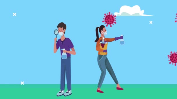 Young couple wearing medical masks with magnifying glass and splash bottle — Stock Video