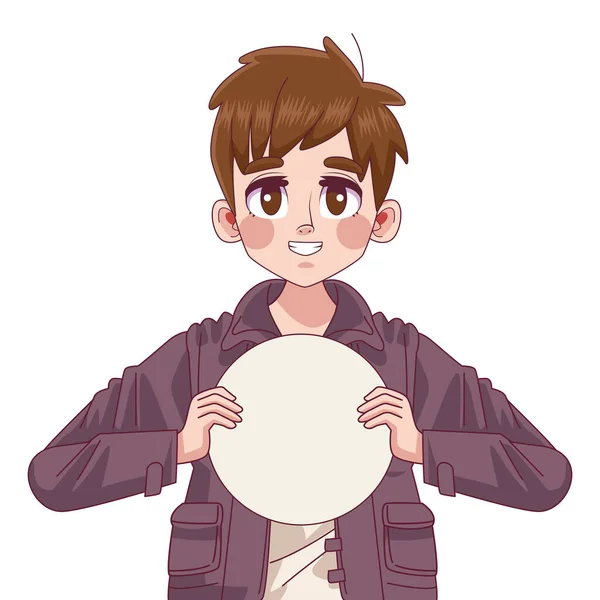 Jovem adolescente garoto personagem anime cômico com banner circular — Vetor de Stock