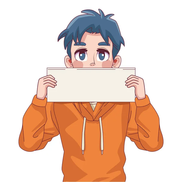 Fiatal tinédzser fiú képregény anime karakter tiltakozó címkével — Stock Vector