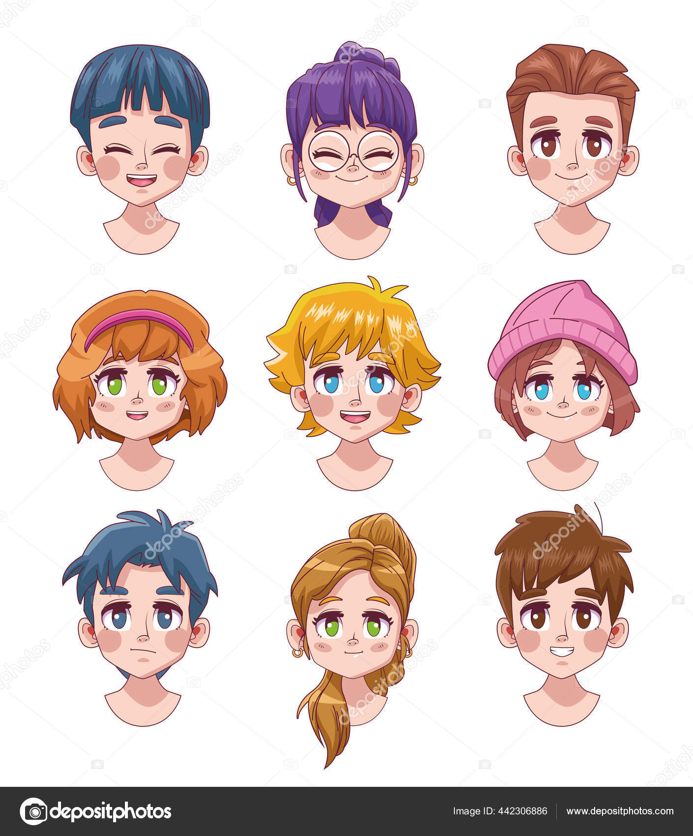 Set Of Four Anime Icons With Girls Stock Illustration - Download