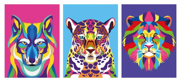 Bundle of three animals wild life technicolor — Stock Vector