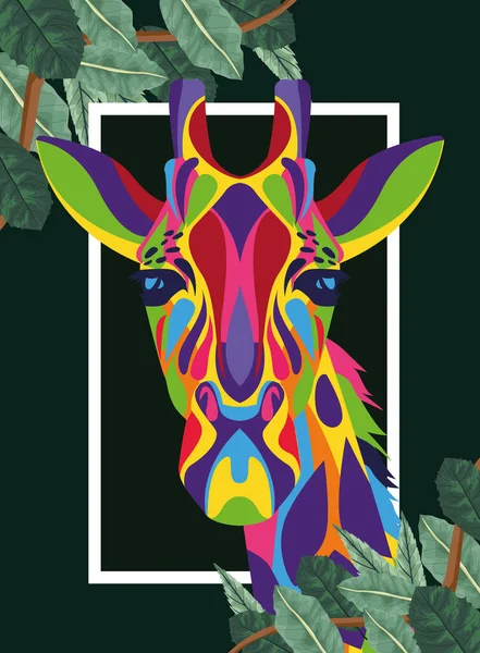 Girafe vie sauvage technicolor avec cadre de feuilles — Image vectorielle