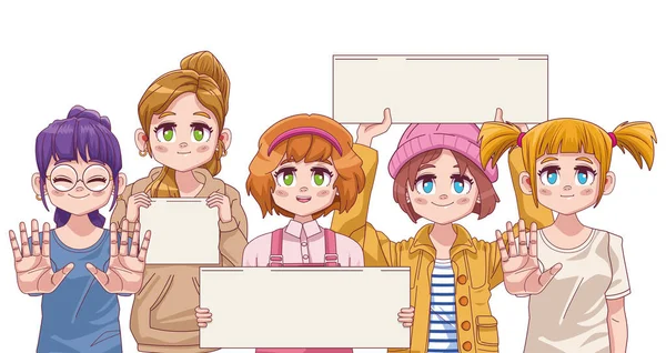 Gruppo di ragazze carine anime manga con striscioni di protesta — Vettoriale Stock
