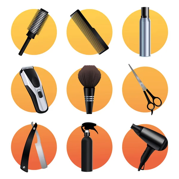 Набор из девяти икон оборудования для парикмахерских инструментов — стоковый вектор