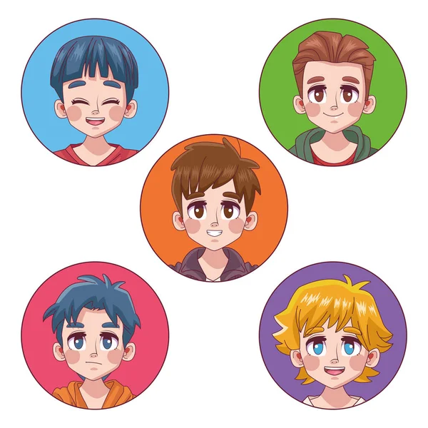 Kelompok lima anak laki-laki lucu remaja remaja karakter anime manga - Stok Vektor