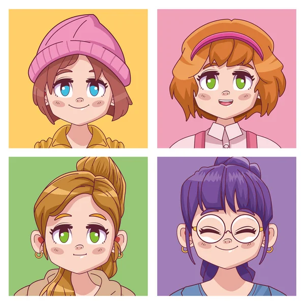 Groupe de quatre filles mignonnes manga anime personnages — Image vectorielle