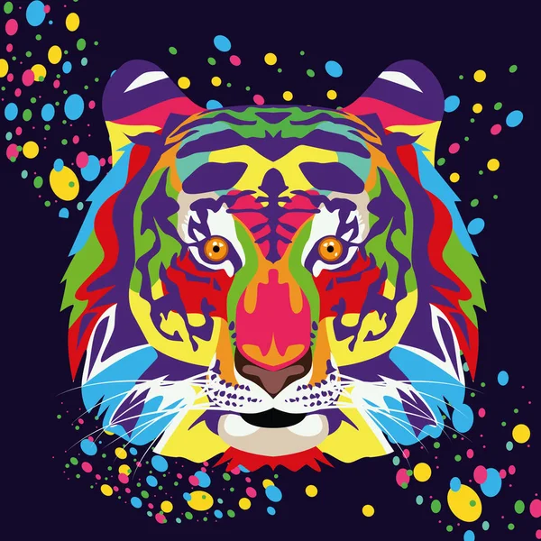 Tigre salvaje vida technicolor en negro fondo — Vector de stock