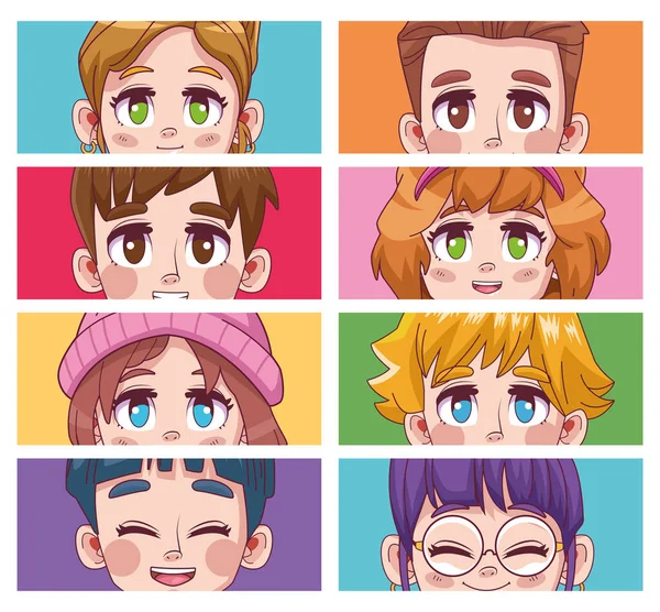 Grupp av åtta söta ungdomar tonåringar manga anime tecken — Stock vektor
