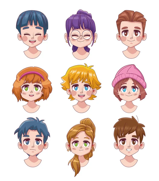 Group of nine cute youngs teenagers manga anime characters — Stock Vector