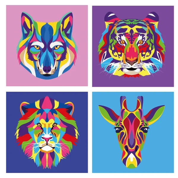 Bündel von vier Tieren Wildlife Technicolor — Stockvektor