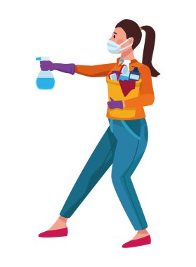 Tıbbi maske takan kadın sprey şişeli temizlik karakteri