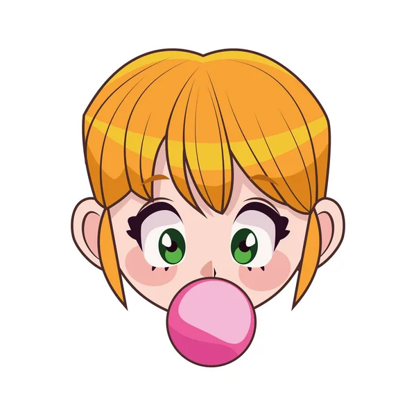 Mooi tiener meisje met buble gum anime hoofd karakter — Stockvector