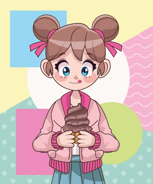 Όμορφη έφηβη κοπέλα με γλυκό cupcake anime χαρακτήρα — Διανυσματικό Αρχείο
