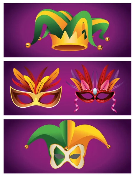 Paquet de chapeaux et masques mardi gras carnaval célébration ensemble icônes — Image vectorielle