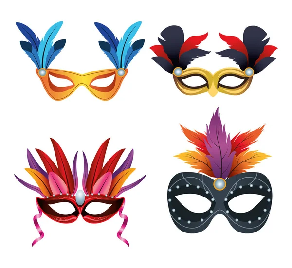 Paquete de cuatro máscaras y plumas de mardi gras — Vector de stock